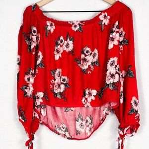 Red Floral Crepe Off the Shoulder Crop Top - XXL